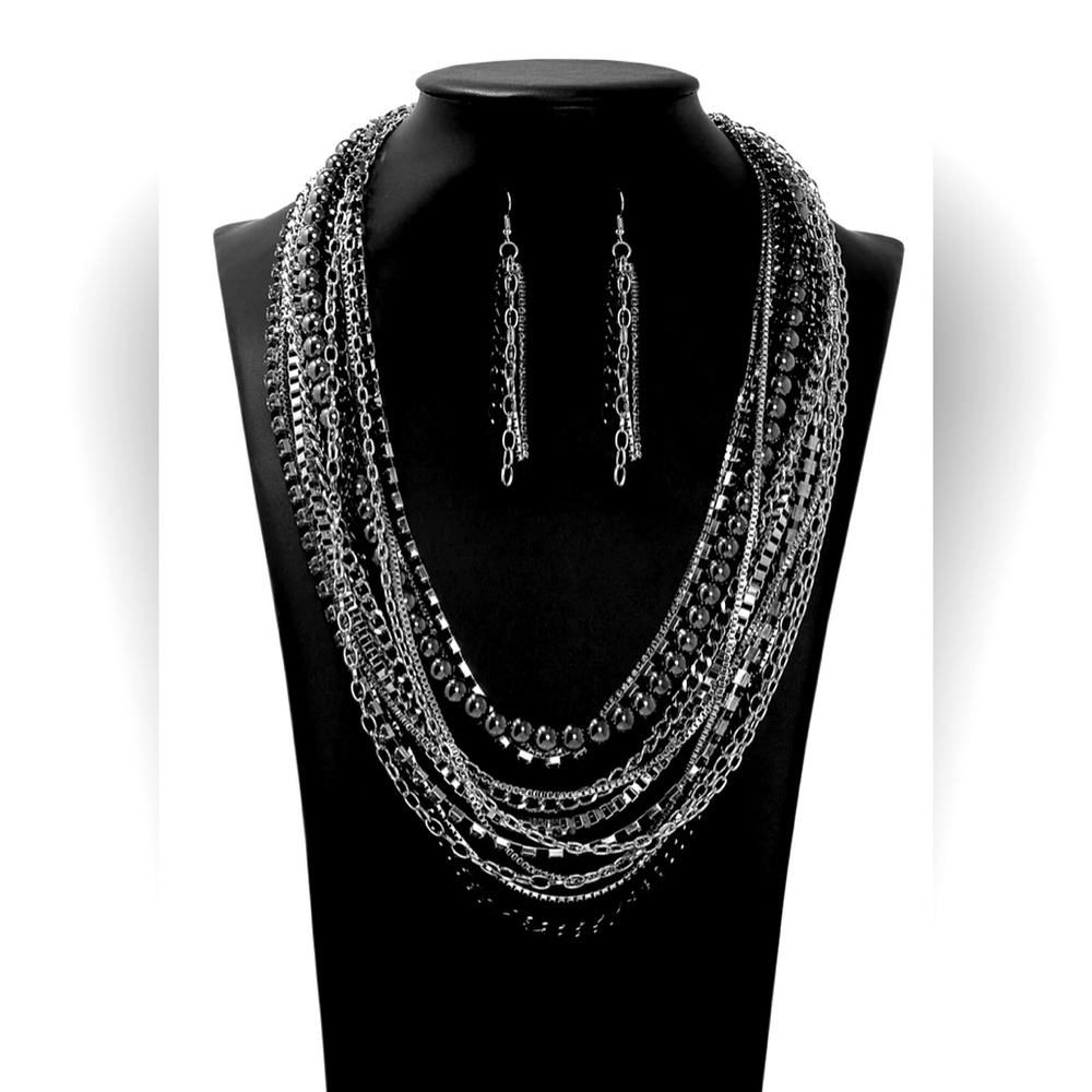 2 piece Silver, GunMetal, Black and Rhinestone Necklace Set.